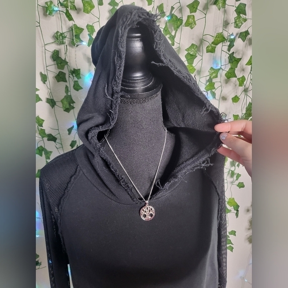 Elie Tahari Sport Mesh Sleeve Raw Hem Black Cotton French Terry Pullover Hoodie - Picture 8 of 11